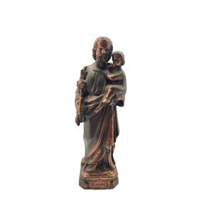 Vintage St Joseph and Child‎ Jesus Statue Bronze Tone Religious Figurine 7.25in